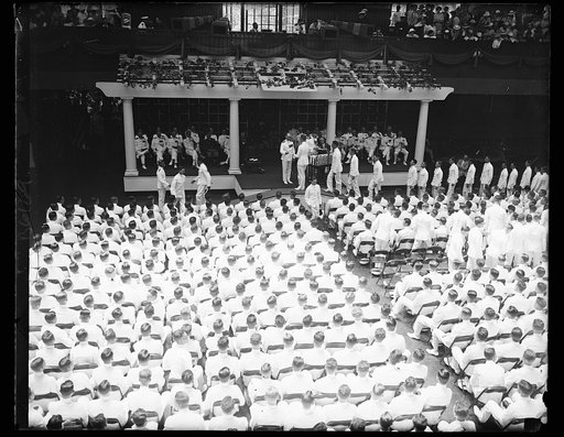 Rear Admiral Leahy presents commission to 436 graduates at Annapolis. Rear Admiral William D. Leahy of the United States Navy presenting diplomas to 436 members of the graduating class at the U.S. Naval Academy, Annapolis, Md., today. This is one of the largest classes from the Naval Academy. 5/31/3