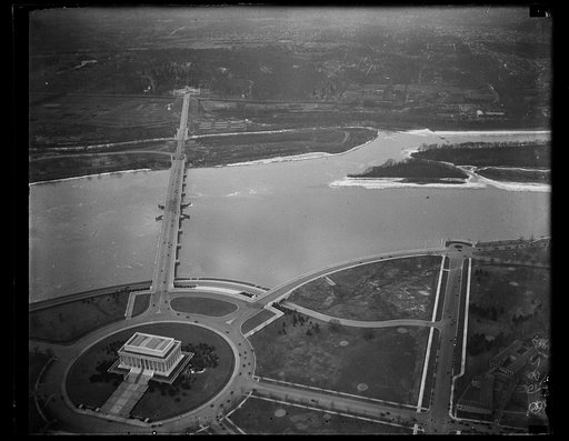 Aerial view showing Lincoln Memorial, Washington, D.C. and bridge to Arlington National Cemetery, Arlington, Virginia