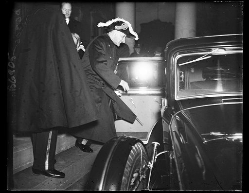 From Belgium. Comte Robert van de Straten-Ponthox, new Belgian Ambassador to the United States, is pictured as he entered his automobile after presenting his credentials to President Roosevelt at the White House