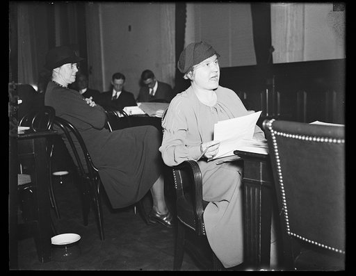 Children's expert testifies on Hill. Katherine [i.e. Katharine] Lenroot of the Labor Department's Childrens Bureau, testifies before the Senate Finance Committee on the Social Security program, 2/4/35