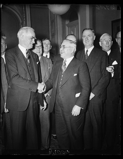 Byrns congratulates new steering committee head. Speaker Joe Byrns, left, congratulates Rep. Adolph Sabath, D. of Ill., on his election today as chairman of the Democratic Steering Committee of the House. Rep. Sabath succeeds Rep. Robert Crosser, D. of Ohio, who is ineligible for re-election under t