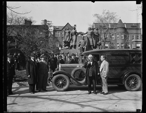 Group with United Textile Workers of America truck in front of Samuel Gompers Memorial, Washington, D.C.