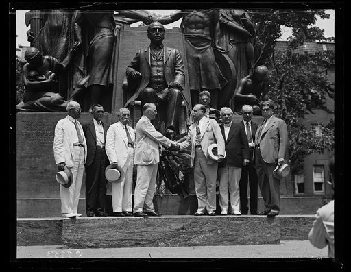 Group at Samuel Gompers Memorial. Left to right: John P. Frey, Arthur O. Wharton, Santiago Iglesias, Resident Commissioner of Puerto Rico, William Green, Luis Morones, Frank Morrison, Philip Murray, and John L. Lewis. Washington, D.C.