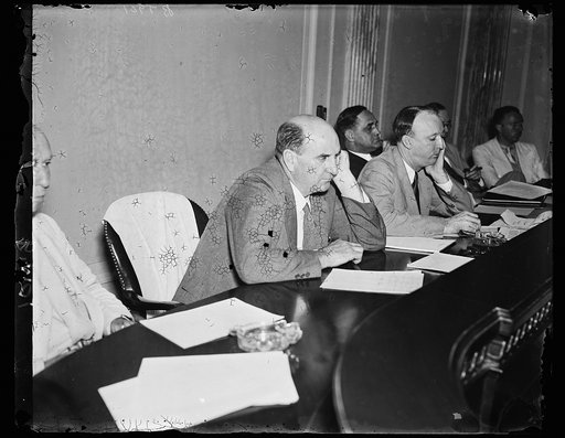 Wash. D.C. Put on pressure. Sen. Lynn J. Frazier (R. of N.D.) and Sen. Hugo L. Black (D. of Ala.) Chr. of the newly appointed Senate Lobby Investigation Com. which opened the doors Friday for utility hearings. This picture taken Friday during the hearing. 7/12/35