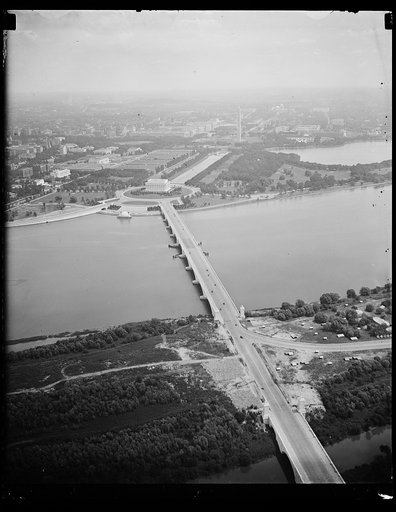 New landscaping completed. This airview of Lincoln memorial and the Arlington Memorial Bridge shows the completed landscaping in this vicinity. Photo from Goodyear airship Enterprise. 8/10/35