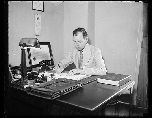 TVA's defender. Lawrence Fly, legal light of the New Deal, photographed in Washington when he returned from his victory in New Orleans circuit court fight with opponents of the TVA. 8/14/35