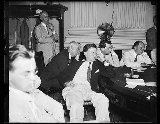 Wash. D.C. Interested listeners. At the Thursday hearings of the House rules lobby investigation. Left to right, Rep. John J. McSwain (D of Tenn), Rep. W.B. Cox (D of Ga), Rep. Howard D. Smith (D of Va) and Lawrence Lewis, (D), Rep. of Col. listen in intently as charges and counter charges echo acro