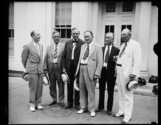 Ellison D. Smith, 2nd from left; Joseph Robinson, center; Pat Harrison, right. White House, Washington, D.C.