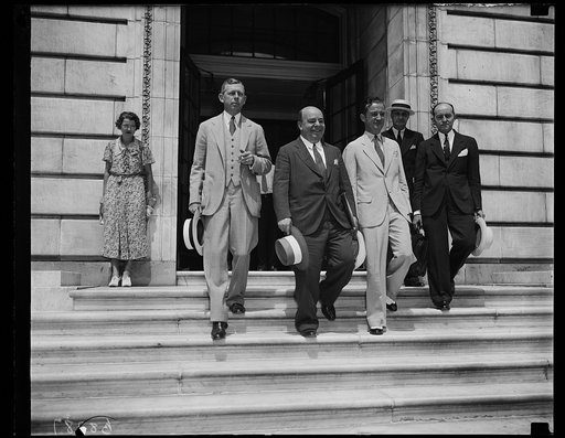 Looks like the wind-up. These principles in the Howard C. Hopson phase of the Senate Utility Lobby quiz, [...] leave the Senate Office Building as the committee gives the utility mastermind leave to go home for a rest. From the left, William A. Hill, Boston Attorney for directing head of the lobby; 