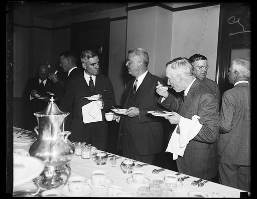 Explaining New Deal. From the left, W. Dale Clark of Omaha; Lyman E. Wakefield, of Minneapolis, and Thomas R. Preston, Chattanooga, all directors of the U.S. Chamber of Commerce, photographed at the luncheon which interrupted the "explaining" of the New Deal by Chamber Directors. It was emphasized t