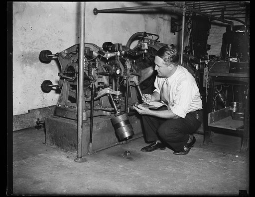 Fighting highway deaths, Wash. D.C. This photograph shows Richard S. Dill, a worker in the U.S. Bureau of Standards, tabulating the efficiency of various kinds of brake linings as the government attempts to determine the best for use on its vehicles. The automobile industry is watching these tests c