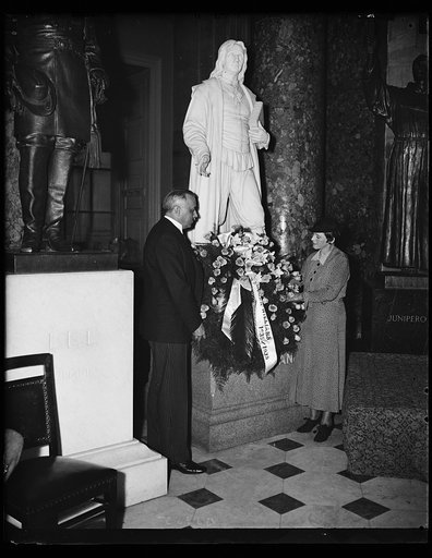 Roger Williams honored. The laying of the wreath on the statue of Roger Williams in Statuary Hall of the Capitol in celebration of the tercentennary of his banishment from Massachusetts. The wreath was placed by former governor Norman Stanley Case of Rhode Island