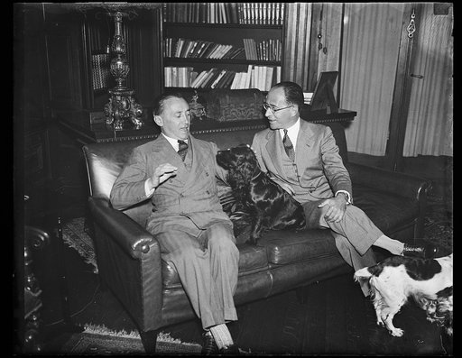 Emissaries of Il Duce. Ambassador Augusto Rosso, left, Italian emissary to the United States, photographed in the Italian Embassy with Count Marohetti di Muriaglio, new Minister to Mexico, who stopped in Washington for a conference on his way to Mexico City. Relations between Italy and Mexico were s