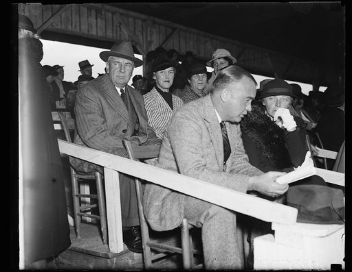 Horse show enthusiasts. Warrenton, Va. Perry Heath, Grand Rapids, Iowa, industrialists and assistant Secretary of the Treasury under Hoover, left, and Mrs. George Sloane and George Sloane of Middleburg, Va., and their daughter Miss Anne, photographed in the Sloane box of the Warrenton Horse Show. 10