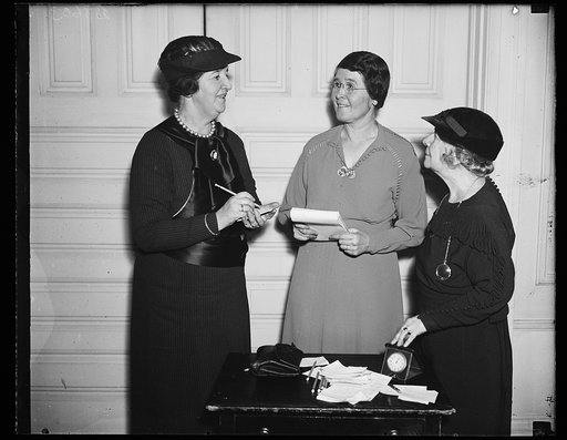 Jaw bone doggling, Wash. D.C. These Democratic party leaders are forming an army of political amazons to go out into the field and fight for the retention of the present administration at the next presidential election. Mrs. Hugh Butler, center, wife of the Commercial Attache at the U.S. Embassy at 