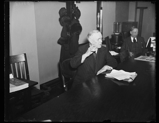 Fighting back. President William Green of the A.F. of L., holds a press conference at which he strikes back at John L. Lewis, head of United Mine Workers, who resigned as vice president of the A.F. of L.. It is believed that Lewis may try to gain Green's throne. 11/25/35