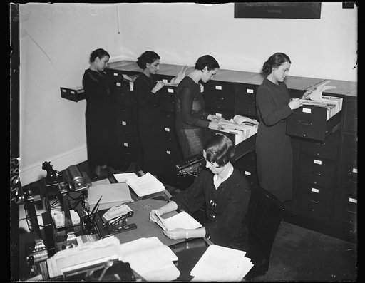 Budget bureau's files. These girls are mail and file room employees of the Bureau of the Budget which is at the peak of its activity preparing for the next session of the 74th Congress. 11/29/35