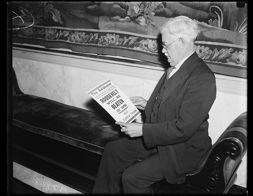 Man holding The Awakener with headline "Roosevelt will be beatin in 1936"