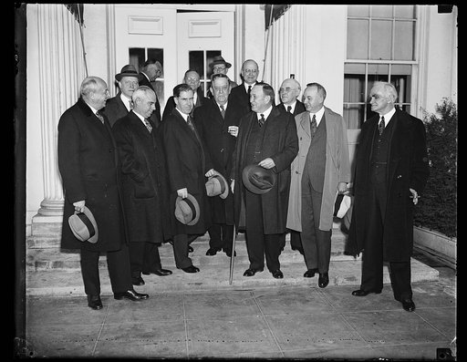 Group: Homer S. Cummings, right; Henry A. Wallace, Ellison D. Smith, and Joseph T. Robinson, center front; Joseph Byrns, far right. White House, Washington, D.C.
