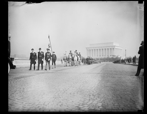 Funeral procession across Arlington Memorial Bridge with Lincoln Memorial in background, Washington, D.C.