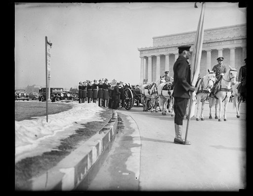 Funeral procession; Lincoln Memorial in background. Washington, D.C.