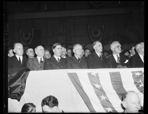 Left to right: Sumner Welles, Daniel C. Roper, Henry A. Wallace, Harold Ickes, unidentified, and Joseph Byrns