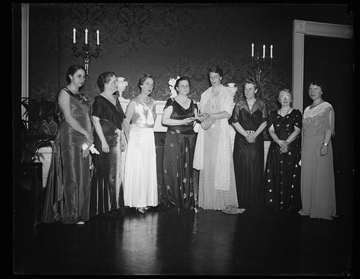 L TO R: LORA GARDIN FRAZSER, ELIZ DYER ANDRESS, SEC. PERKINS, MRS. ROOSEVELT, MARY LOVE COLLINS, BEATRICE HINKLE, MARJORIE NICOLSON