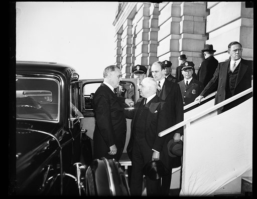 L TO R: PRESIDENT ROOSEVELT, HOUSE SERGEANT-AT-ARMS ROMNEY, JAMES ROOSEVELT