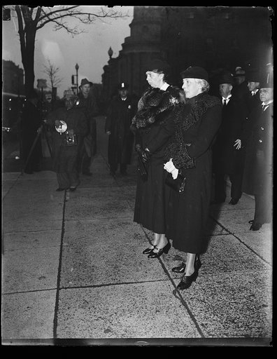 FIRST LADY AT HOLMES FUNERAL. MRS. FRANKLIN ROOSEVELT, LEFT, AND MRS. FELIX FRANKFURTER, WIFE OF A CLOSE FRIEND OF THE LATE OLIVER WENDELL HOLMES, AT HOLMES FUNERAL