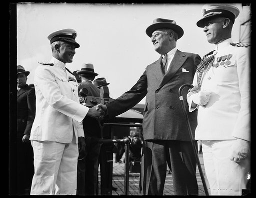 BYRD WELCOMED BY PRESIDENT ROOSEVELT. PRESIDENT ROOSEVELT GREETS REAR ADMIRAL RICHARD E. BYRD AS THE FAMOUS EXPLORER SETS FOOT ON AMERICAN SOIL AFTER A 2 YEAR TRIP TO LITTLE AMERICA IN THE SOUTH POLAR REGION