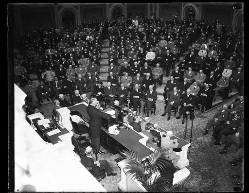 PRESIDENT AGAINST CLASS LEGISLATION. PRESIDENT ROOSEVELT APPEARS BEFORE THE JOINT SESSION OF HOUSE AND SENATE AND VETOES THE PATMAN BONUS BILL. HE SAID HE OBJECTED TO CLASS LEGISLATION WHICH WOULD GIVE ABLE-BODIED VETERANS MONEY AT THIS TIME WHILE WITHOLDING MONEY FROM NON-VETERANS