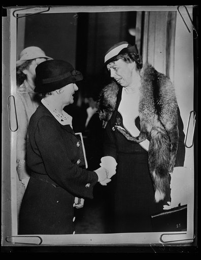 ROOSEVELT ANNIVERSARY WASHINGTON, D.C. MARCH 17. MRS. FRANKLIN ROOSEVELT RECEIVES THE FELICITATIONS OF MRS. JOHN NANCE GARNER UPON THE OCCASION OF THE 31ST WEDDING ANNIVERSARY OF PRESIDENT AND MRS. ROOSEVELT. THE FIRST LADY ATTENDED A SENATE LADIES LUNCHEON GIVEN IN HONOR OF THE ANNIVERSARY