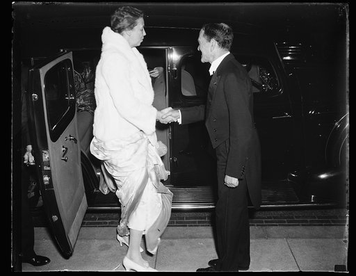 MRS. ROOSEVELT GREETED BY DR. LEO ROWE AT PAN AMERICAN UNION RECEPTION