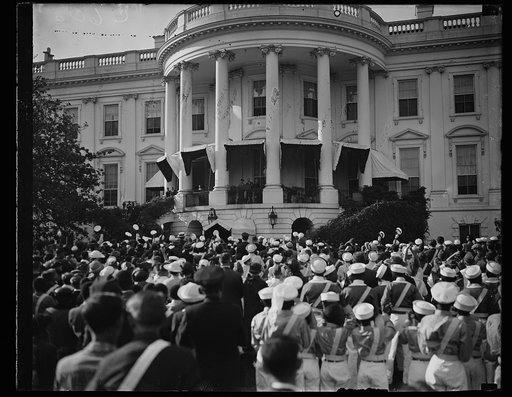 PRESIDENT GREETS PATROL BOYS. WASHINGTON, D.C. MAY 23. THE PRESIDENT AND MRS. ROOSEVELT AS THEY GREETED THE SCHOOL SAFETY PATROL BOYS THAT MARCHED DOWN CONSTITUTION AVENUE TODAY. THE NAVY BAND HEADED THE PARADE WHICH NUMBERED NEARLY 8000 BOYS FROM SCHOOLS ALL OVER THE COUNTRY. THE BOYS HELD A CONFER