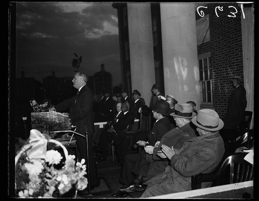 DEDICATES NEW CHEMISTRY BUILDING AT HOWARD UNIVERSITY. PRESIDENT ROOSEVELT DELIVERING THE PRINCIPAL ADDRESS AS THE NEW $625,000 CHEMISTRY ERECTED BY THE PWA FOR HOWARD UNIVERSITY WAS DEDICATED TODAY. L TO R: PRESIDENT ROOSEVELT; DR. MORDECAI JOHNSON, PRESIDENT OF HOWARD UNIVERSITY; AND PWA ADMINISTR
