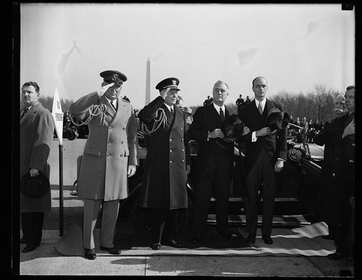 CHIEF EXECUTIVE ARRIVES AT LINCOLN MEMORIAL. WASHINGTON, D.C. FEBRUARY 12. PRESIDENT ROOSEVELT LED THE NATION TODAY IN PAYING HOMAGE TO THE MEMORY OF ABRAHAM LINCOLN WHEN HE ATTENDED APPROPRIATE CEREMONIES AT THE LINCOLN MEMORIAL.THE PRESIDENT IS SHOWN AS HE ARRIVED AT THE MEMORIAL WITH HIS SON JAME