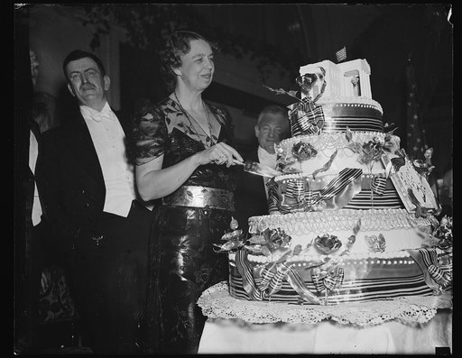 FIRST LADY CUTS PRESIDENT'S BIRTHDAY CAKE. WASHINGTON, D.C. JANUARY 29. MRS. ROOSEVELT CLIMAXES HER VISITS TO THE NUMEROUS BIRTHDAY BALLS FOR THE PRESIDENT BY CUTTING THE HUGE BIRTHDAY CAKE AT THE WILLARD HOTEL