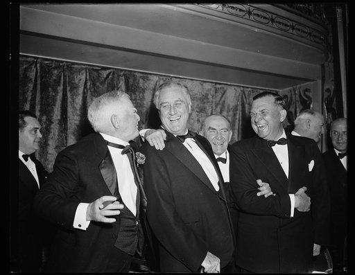 AND THE V.P. DRESSED UP, TOO! WASHINGTON, D.C. JANUARY 7. NOBODY IN OFFICIAL WASHINGTON HATES 'DRESSIN' UP' ANY MORE THAN VICE PRESIDENT GARNER, BUT HERE HE IS IN DINNER JACKET WITH THE PRESIDENT AND SPEAKER OF THE HOUSE WILLIAM BANKHEAD FROM ALABAMA. RARELY DO THE PRESIDING OFFICERS OF BOTH HOUSE A