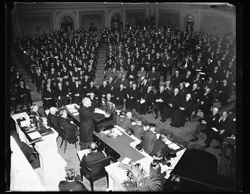 PRESIDENT ROOSEVELT ADDRESSES 150TH ANNIVERSARY OF CONGRESS. WASHINGTON, D.C. MARCH 4. FOLLOWING THE ADDRESS OF SUPREME COURT JUSTICE HUGHES, THE PRESIDENT INTRODUCED BY VICE PRESIDENT GARNER, MADE HIS SPEECH. SEATED BESIDE THE PRESIDENT IS SENAATOR ALBEN BARKLEY, MAJORITY LEADER. THE SUPREME COURT 