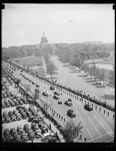 DAZZLING DISPLAY FOR NICARAGUAN PRESIDENT. WASHINGTON, D.C. MAY 5. POMP AND MILITARY MIGHT AS NEVER BEFORE WITNESSED IN THE CAPITAL WAS ON DISPLAY FOR NICARAGUAN PRESIDENT, GEN. ANASTASIO SOMOZA, TODAY AS HE RODE UP HISTORIC PENNSYLVANIA AVENUE WITH PRESIDENT ROOSEVELT AT HIS SIDE. THE AVENUE WAS SO