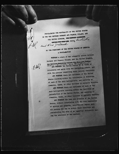 FIRST PAGE OF NEUTRALITY PROCLAMATION. WASHINGTON, D.C. SEPTEMBER 5. THE FIRST PAGE OF THE NEUTRALITY PROCLAMATION ISSUED BY PRESIDENT ROOSEVELT TODAY UNDER TERMS OF INTERNATIONAL LAW