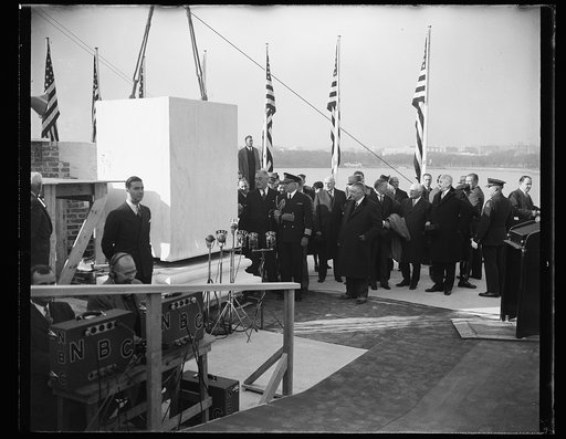 PRESIDENT ROOSEVELT LAYS BLOCK 208 AT THOMAS JEFFERSON MEMORIAL. WASHINGTON, D.C. NOVEMBER 15. PRESIDENT ROOSEVELT TODAY LAID THE CORNERSTONE AT THE UNFINISHED $3,000,000 THOMAS JEFFERSON MEMORIAL. TO THE STONECUTTER WHO MADE THE STONE, IT WAS BETTER IDENTIFIED AS SIMPLY 'NUMBER 208.' PHOTO SHOWS TH