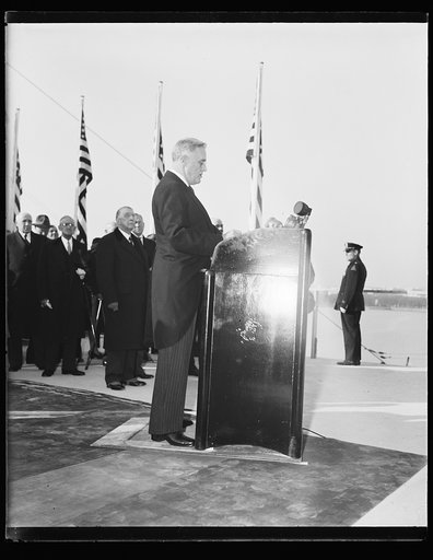 PRESIDENT EULOGISES JEFFERSON'S POLITICAL IDEALS AT CORNERSTONE LAYING. WASHINGTON, D.C. NOVEMBER 15. SPEAKING TODAY AT THE FORMAL LAYING OF THE CORNERSTONE OF THE UNFINISHED MEMORIAL TO THOMAS JEFFERSON HERE, PRESIDENT ROOSEVELT PRAISED THE POLITICAL FUNDAMENTALS LAID DOWN BY THE THIRD PRESIDENT. '