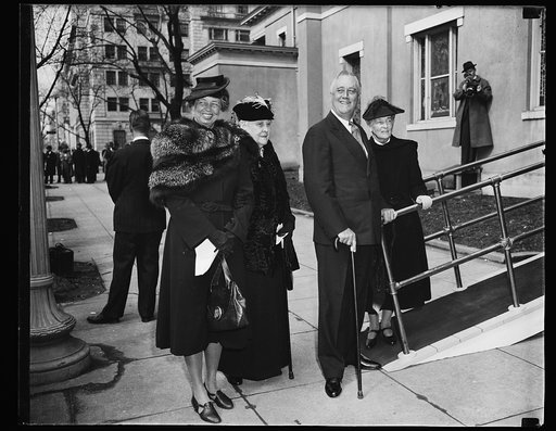 PRESIDENT ROOSEVELT OBSERVES SEVENTH ANNIVERSARY IN WHITE HOUSE. PRESIDENT FRANKLIN D. ROOSEVELT BEGINS HIS EIGHTH YEAR IN THE WHITE HOUSE TODAY AND OBSERVED THE ANNIVERSARY OF HIS INAUGURATION BY ATTENDING SERVICES AT ST. JOHN'S EPISCOPAL CHURCH TODAY. THE PRESIDENT, TANNED AND RUGGED FROM HIS SEA 