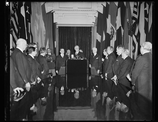 PRESIDENT TELLS PAN AMERICAN BOARD THAT AMERICA'S MUST MEET FORCE WITH FORCE IF THREATENED. WASHINGTON, D.C. APRIIL 15. PRESIDENT ROOSEVELT DECLARED TODAY IN AN ADDRESS BEFORE THE GOVERNING BOARD OF THE PAN AMERICAN UNION, THAT THE 21 AMERICAN REPUBLICS MUST BE PREPARED TO 'MEET FORCE WITH FORCE' IF