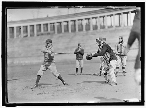 Joe Connolly at bat, Jack Calvo at right, Washington AL, at University of Virginia, Charlottesville (baseball)