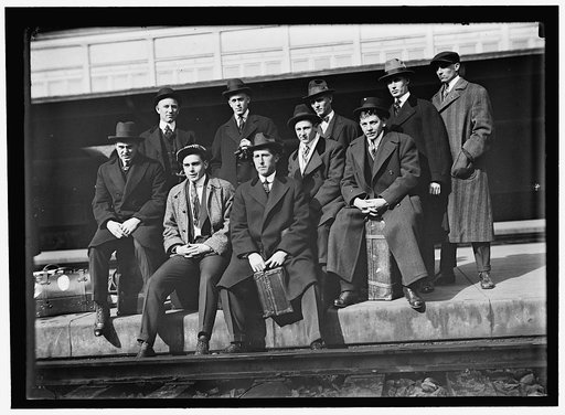 Standing: Joe Boehling, Harry Harper, Edward "Patsy" Gharritty, Sam Rice, ?; seated: Jim Shaw, Jack Bentley, Doc Ayers, ?, Nick Altrock, Washington AL (baseball)