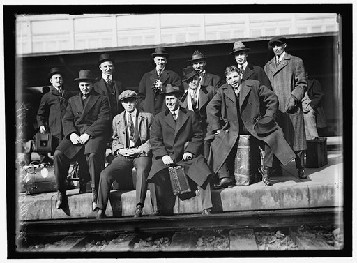 Standing: Mike Menosky, Joe Boehling, Harry Harper, Edward "Patsy" Gharritty, Sam Rice, ?; seated: Jim Shaw, Jack Bentley, Doc Ayers, ?, Nick Altrock, Washington AL (baseball)