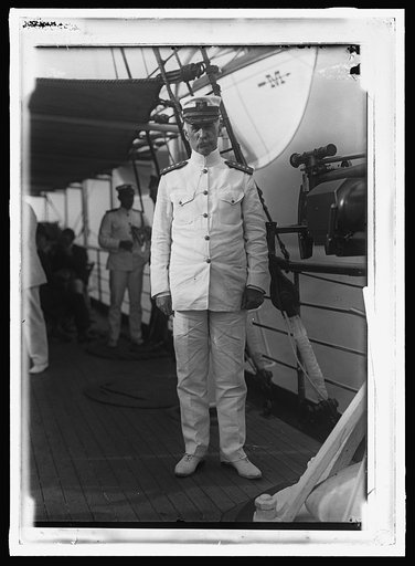 Admiral William S. Benson aboard the Mayflower, the President's yacht, which transported the group of Belgian and Russian war mission members to visit Washington's tomb at Mount Vernon