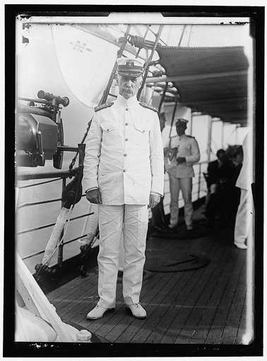 Admiral William S. Benson aboard the Mayflower, the President's yacht, which transported the group of Belgian and Russian war mission members to visit Washington's tomb at Mount Vernon